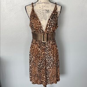 Together Leopard Print Brown Tan Plunge Neck Sleeveless Dress with Belt Size M